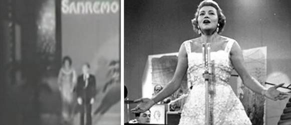 Nilla Pizzi e Nunzio Filogamo sul palco del Salone delle Feste di Sanremo (1951)